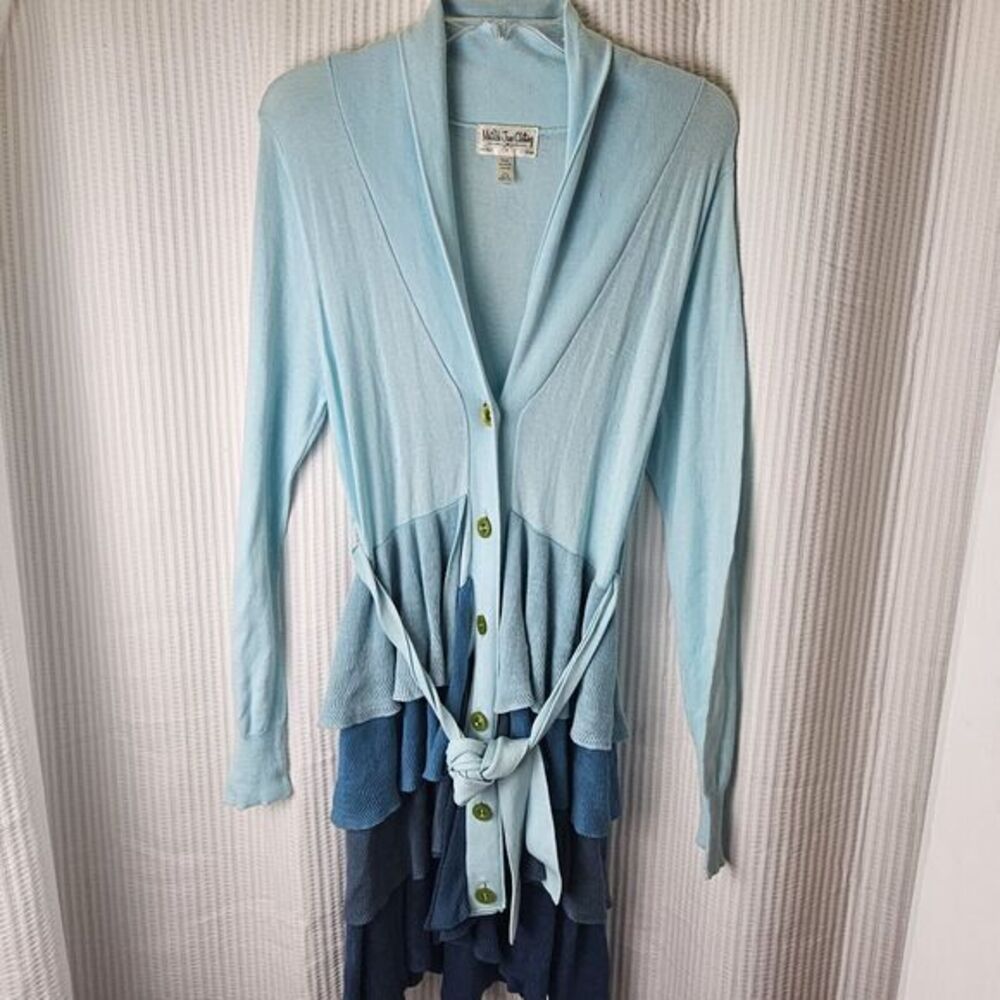 Matilda Jane Blue Tiered Ruffle Cardigan Belted Small Sweater Top‎
